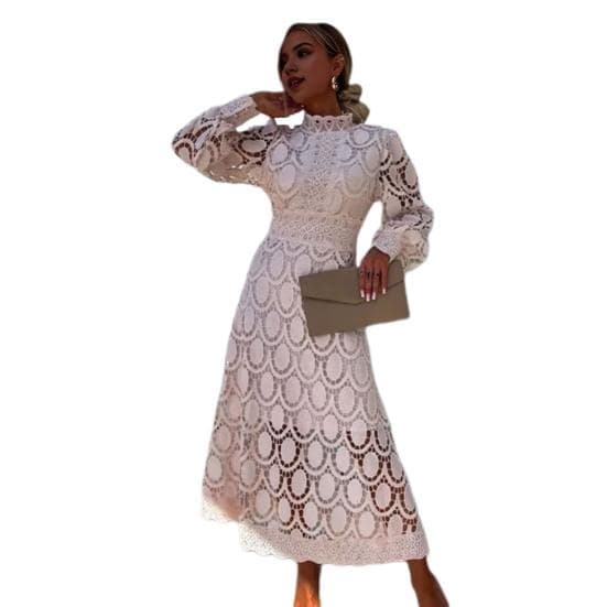 Women Dress Hollow Out Lace Stand Collar Bubble Sleeve Tight Waist See-through Double-layer Ankle Length Solid Color OL Commute Maxi Dress L apricot