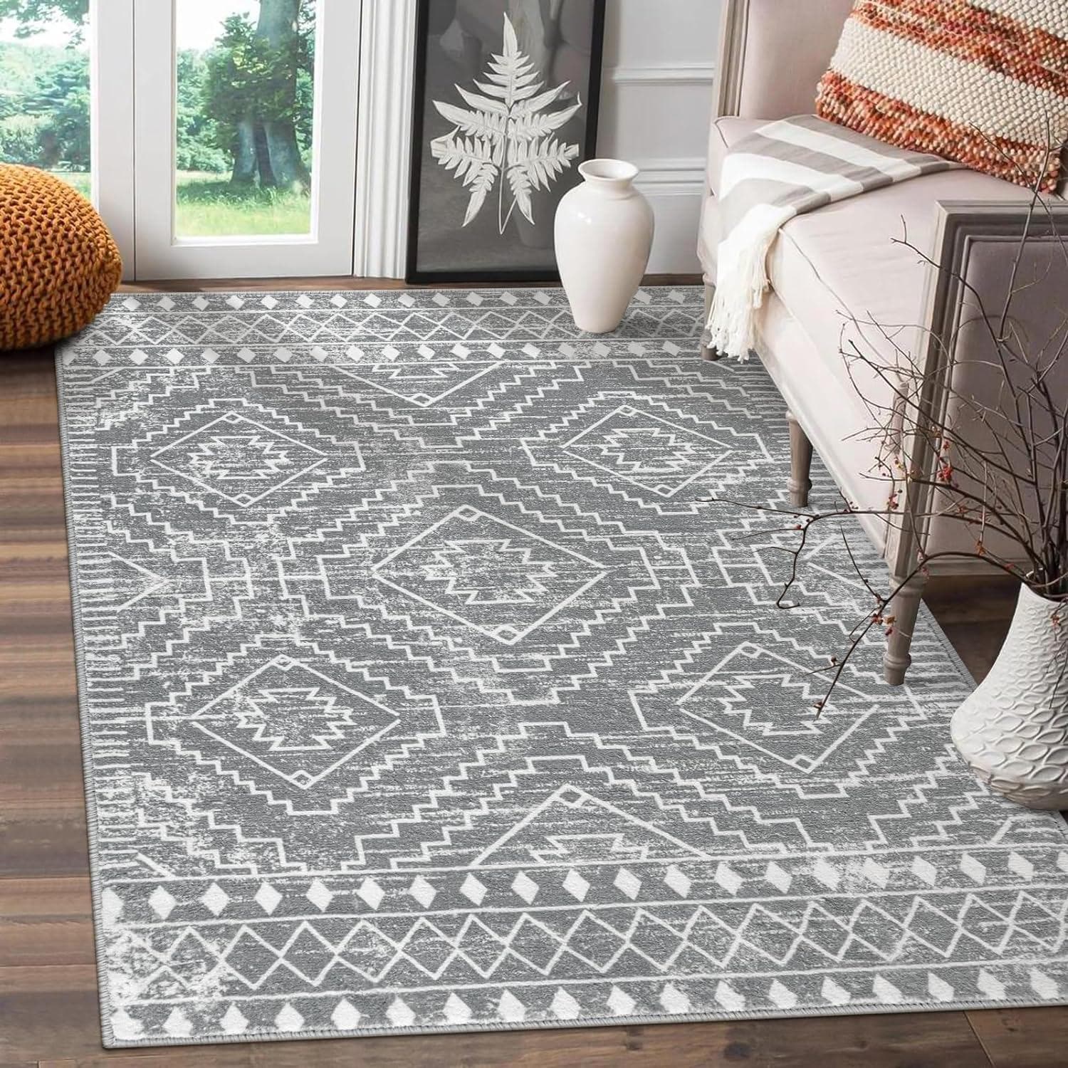 Moroccan Style Carpet for Living Room Retro Washable Farmhouse Bedroom Black Boho Non-Slip Floor Mat Soft Rug for Kitchen Entry 120x160cm
