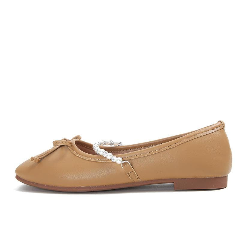 Square Bow Pearl Diamond Chain Granny Mary Jane Single Shoes 33 brown