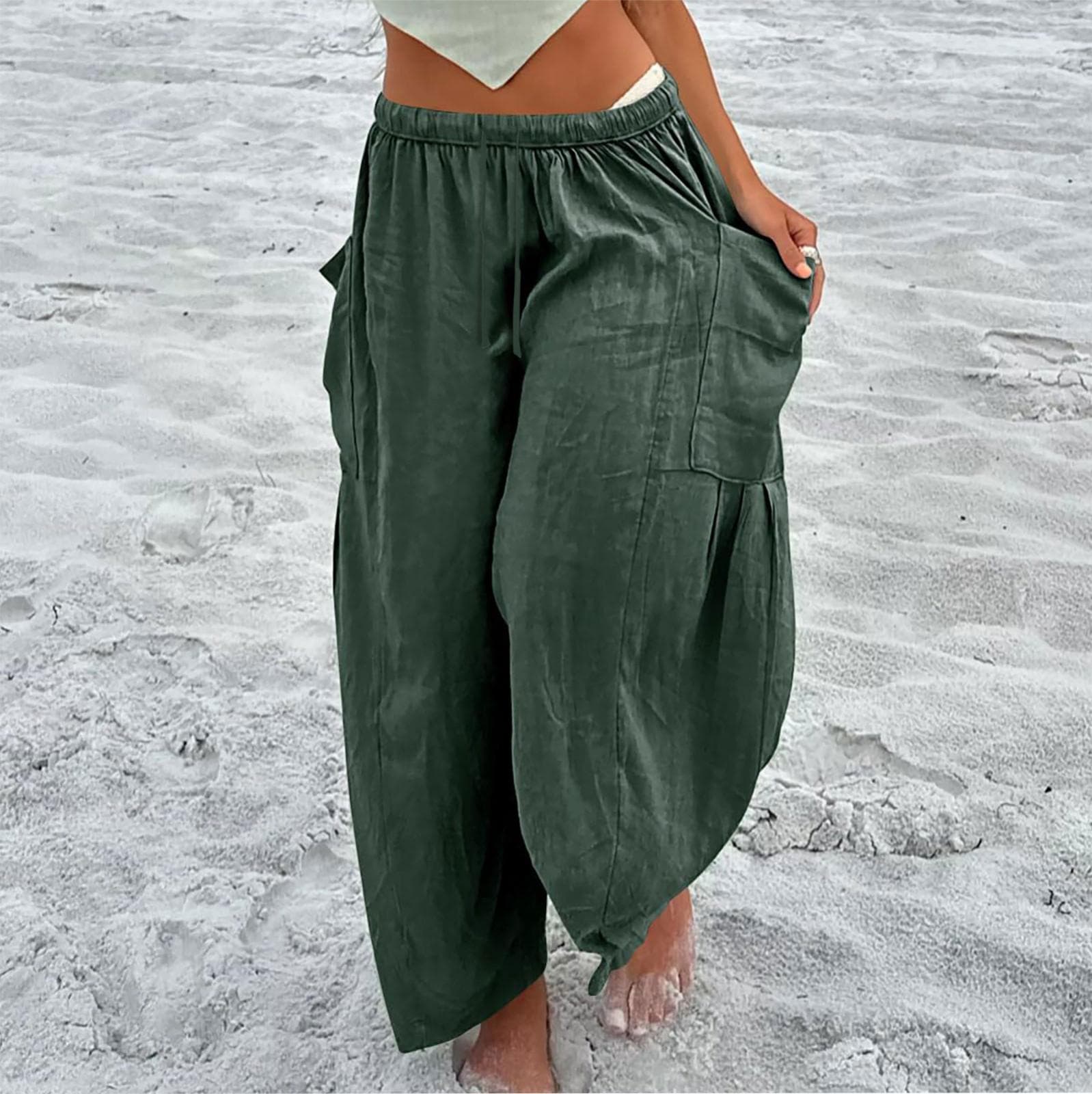Women Plus Size Wide Leg Linen Pants Middle Waist Summer Baggy Pants M green