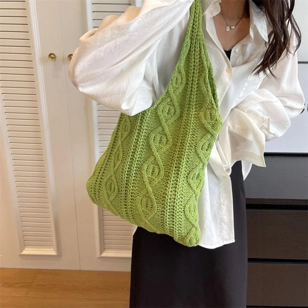 Wool Knitted Shoulder Shopping Bag for Women Vintage Cotton Cloth Girls Tote Shopper Bag Large Female Handbag Crochet Bag One Size green
