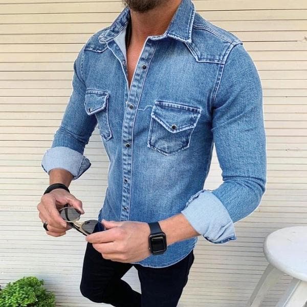 Mens Long-sleeved Denim Jacket Washed Denim Men Casual Slim Jeans Shirt L light blue