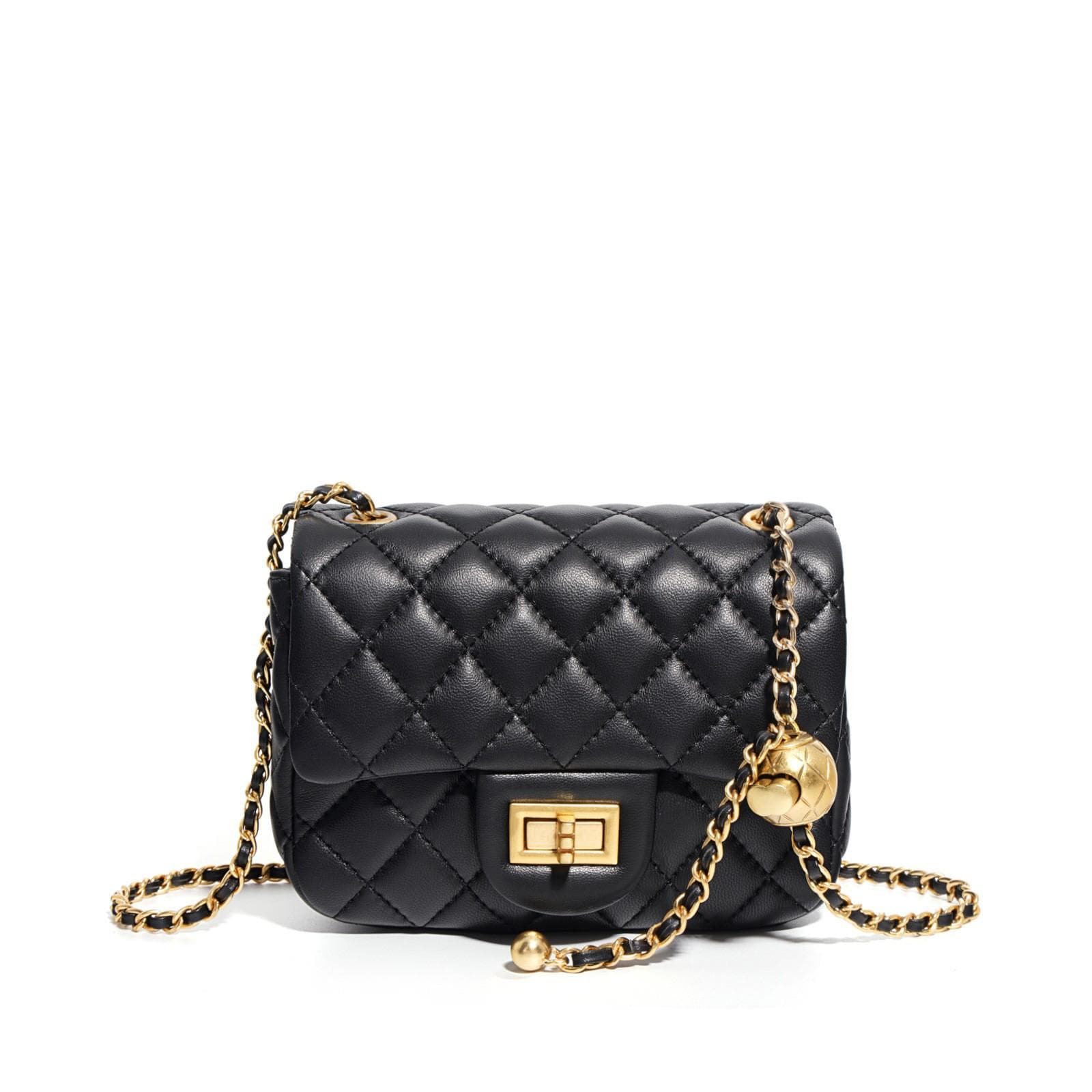 Small Golden Ball One-shoulder Crossbody Bag Fashionable and Versatile Textured Lambskin Women's Bag Small Fragrance Diamond Chain Bag large black