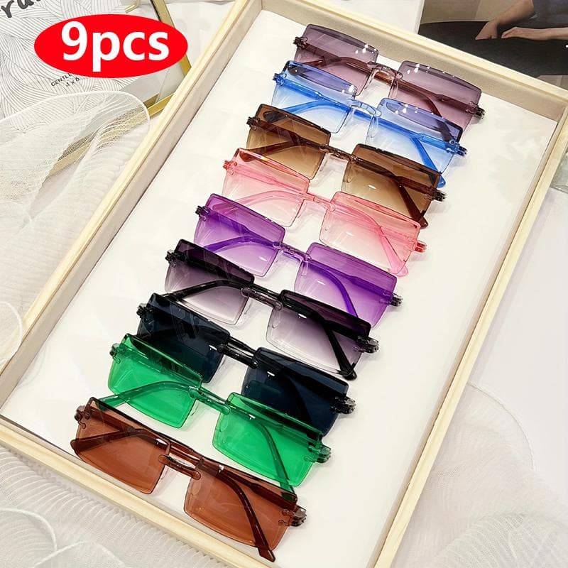 9pcs Cute Candy Color Rectangle Fashion Sunglasses For Women Men UV400 Shades For Vacation Beach Party