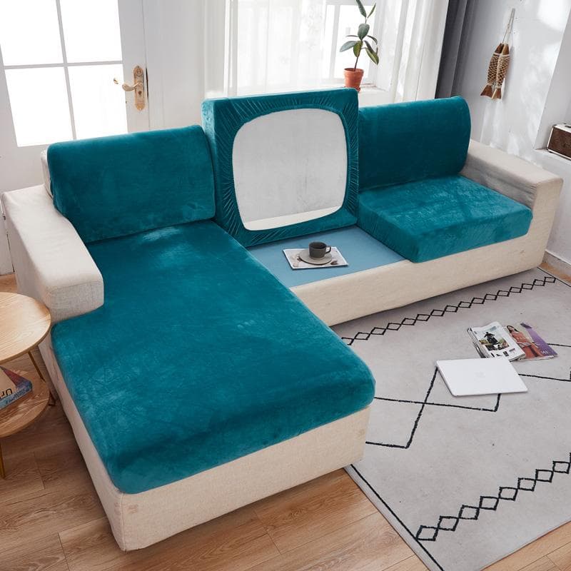 Elastic Plush Sofa Seat Cover 1/2/3/4 Seater Chaise Lounge 9 Colours Funiture Protector Normal M(2seater) lake blue