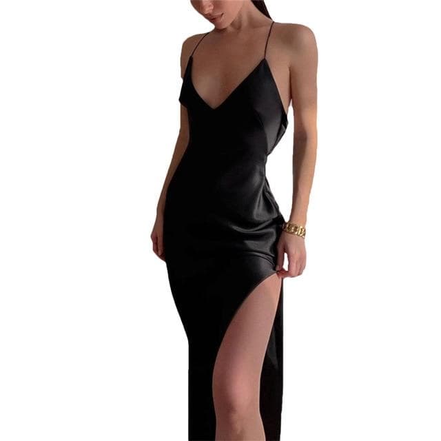 Summer Women Satin Silky Spaghetti Strap Split Long Dress Elegant Sleeveless Backless Club Party Beach Sexy S
