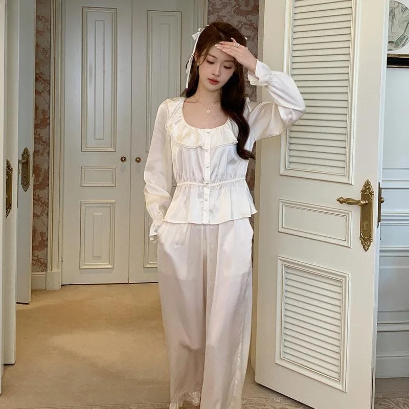 French Ice Silk Pajamas Women's Long-sleeved Trousers Set Simple Spring and Autumn Pajamas Home Wear Jacket XL ivory
