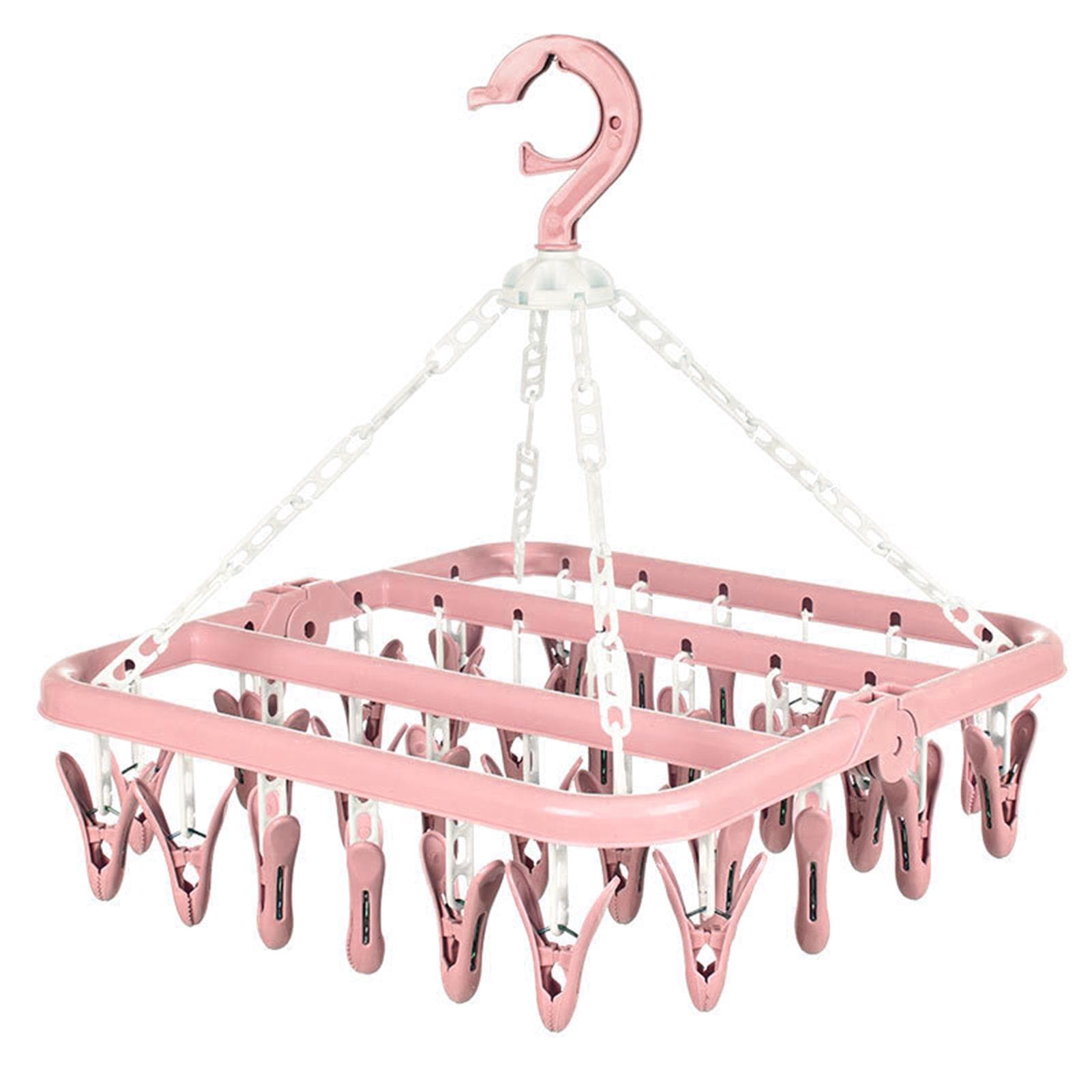 32 Clip Folding Hanger 360 Degree Rotation Household Laundry Clip Rack with Windproof Lock Drying pink