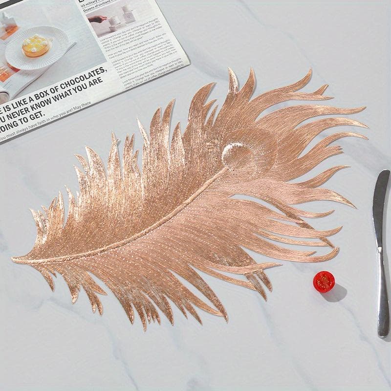 1pcs Retro Imitation Feather Pattern PVC Table Mats, Insulation Dining Table Mat, Suitable for Daily Home Kitchen Decoration rose gold