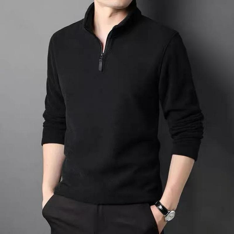 Men Autumn Winter T-Shirts Zipper Half High Neck Solid Thicken Warm Fashion Casual New Male Clothes Long Sleeve Tops XXXL black