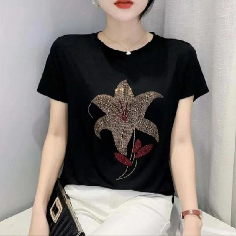 Spring and Summer Black T-shirt for Women, Middle-aged and Elderly Round Neck Mother Wear Simple Iron Diamond Large-size Short-sleeved Shirt 6XL