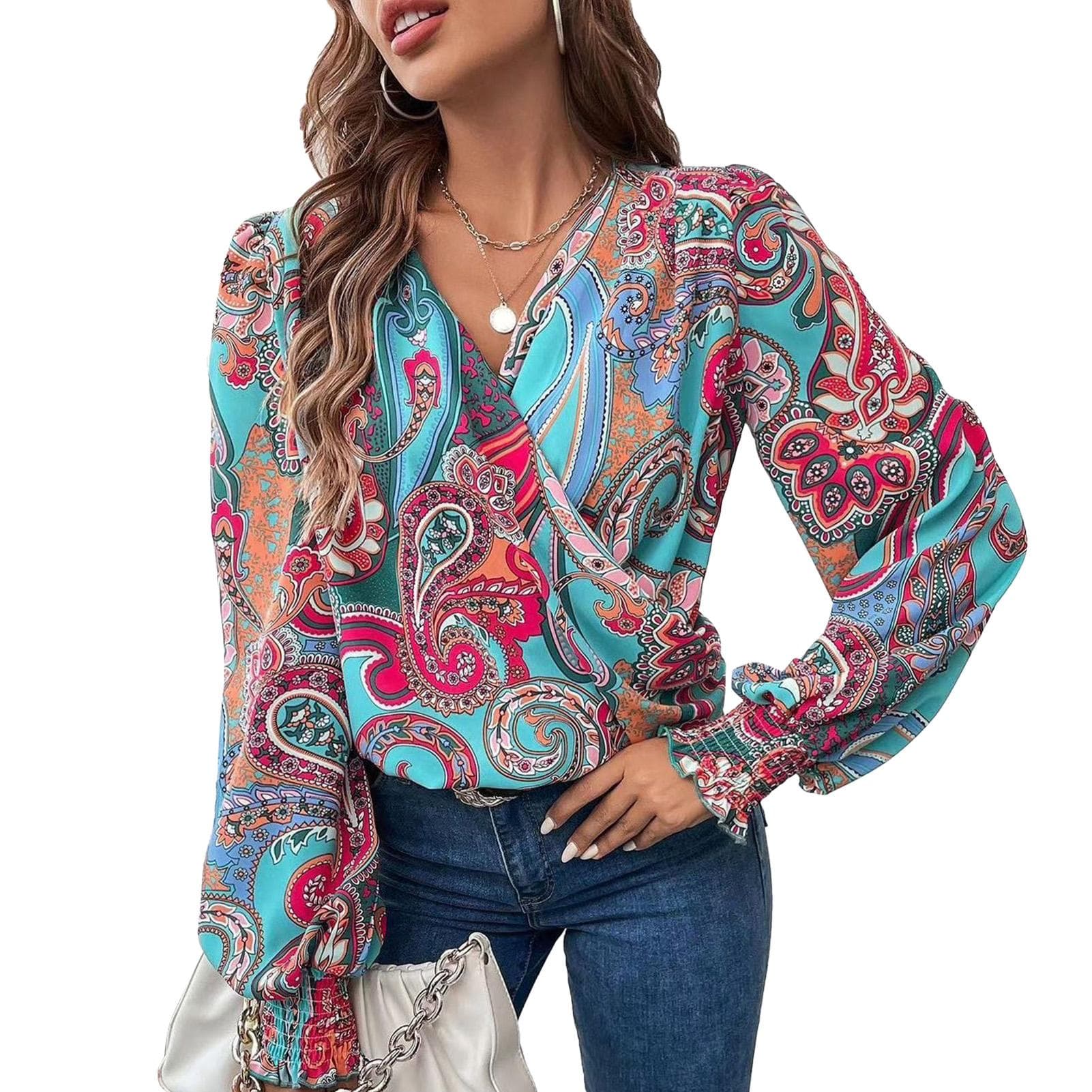 Woman Wrap V Neck Cowl Neck Long Sleeve Fashion Top Lantern Sleeve Top for Shopping Commuting M(for 4-6.5kg)