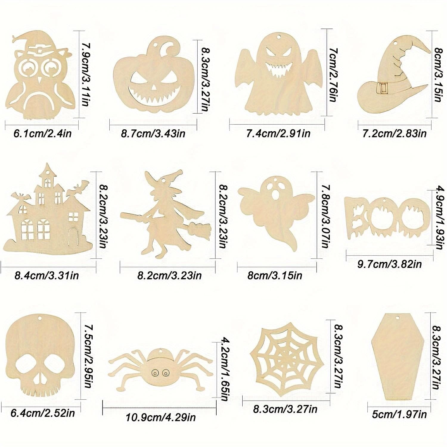 60pcs Halloween Wood Cutouts for DIY Crafts, Pre-Drilled Wooden Halloween Hanging Decorations, Assorted Shapes 60pcs