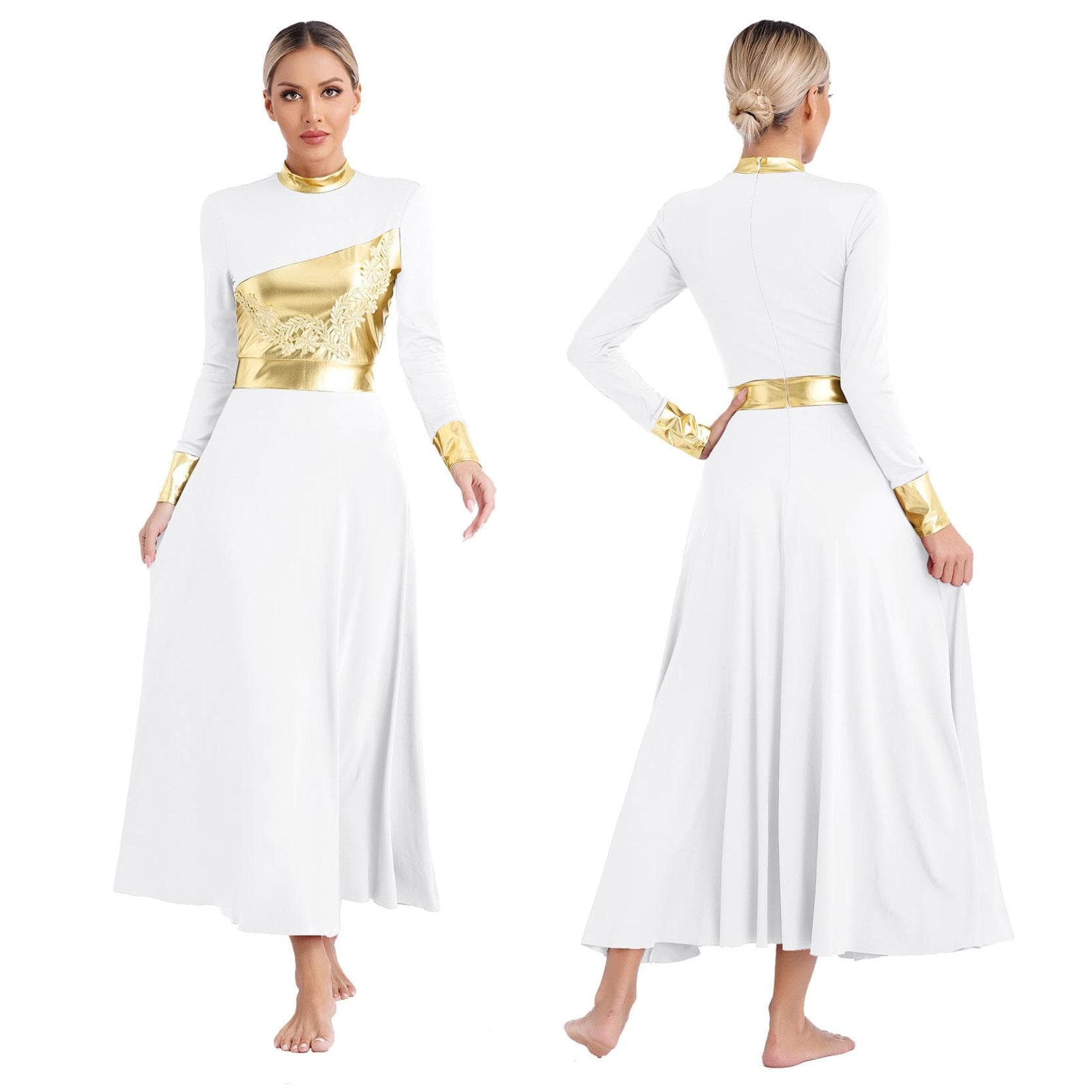 Womens Liturgical Worship Praise Lyrical Dance Dress Metallic Shiny Color Block Long Sleeve Applique Gown Church Choir Dancewear XL white