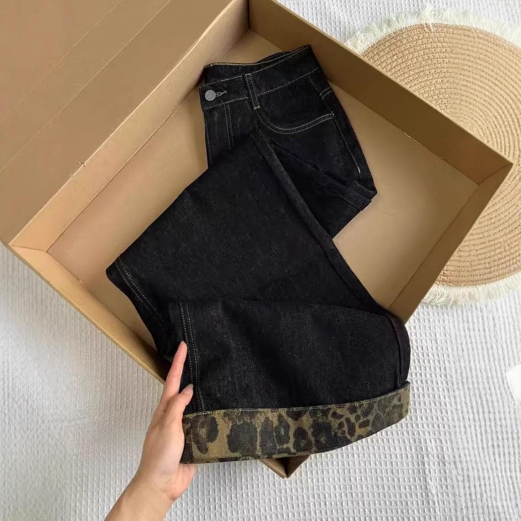 Retro Leopard Print Black Wide-leg Jeans for Women In Autumn and Winter Plus Velvet High Waist Slimming Loose Straight Trousers XL