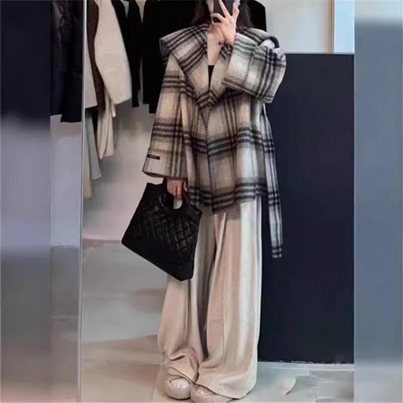 New Korean Navy Collar Plaid Autumn and Winter Double-sided Cashmere Coat Women's Loose M