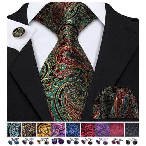 198 Colors Mens Silk Tie Black Blue Red Necktie Hanky Cufflinks Wedding 3PCS Set N-1670