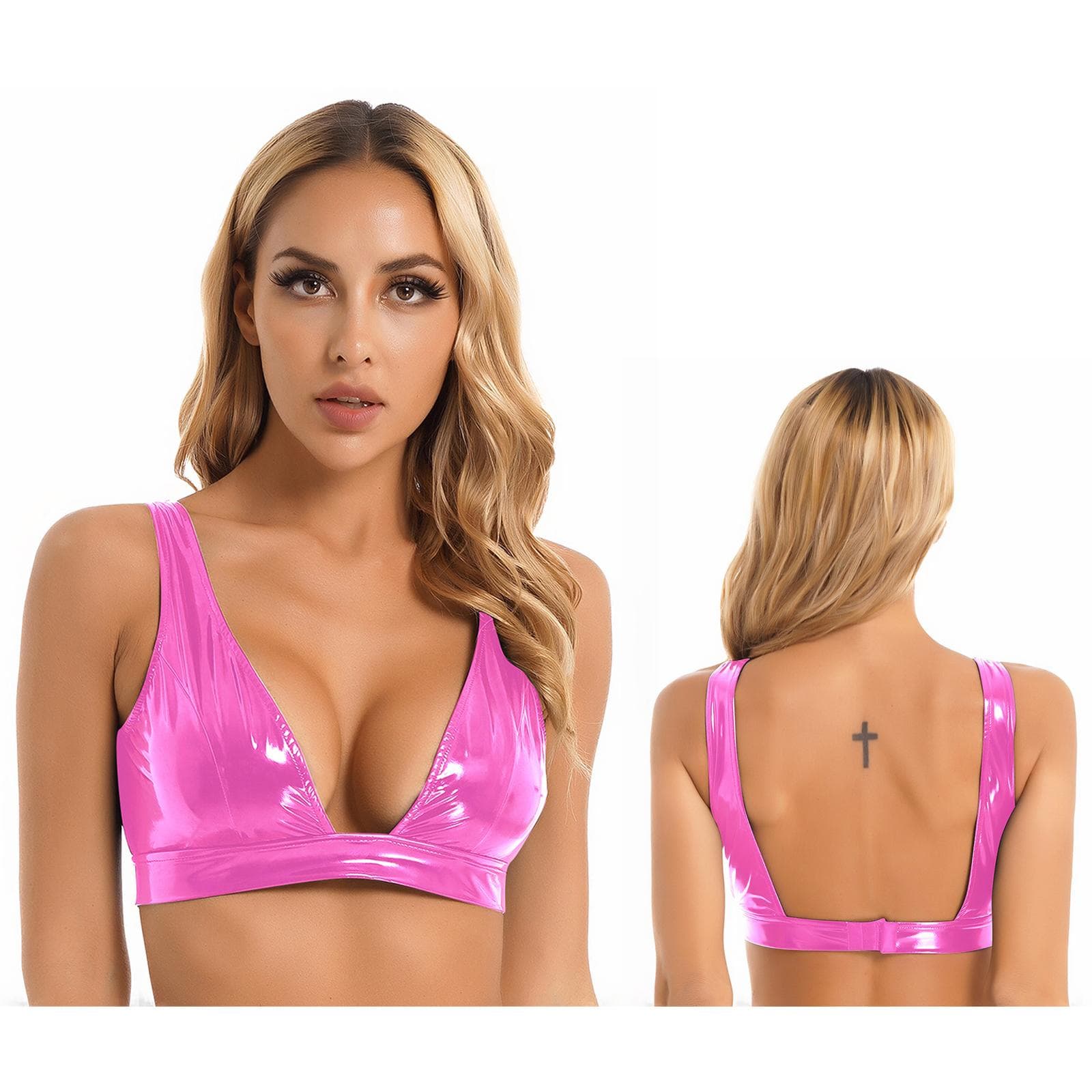 Womens Wide Shoulder Strap Bra Top Wet Look Patent Leather Low-Cut Crop Tank Top Vest Clubwear XXL hot pink