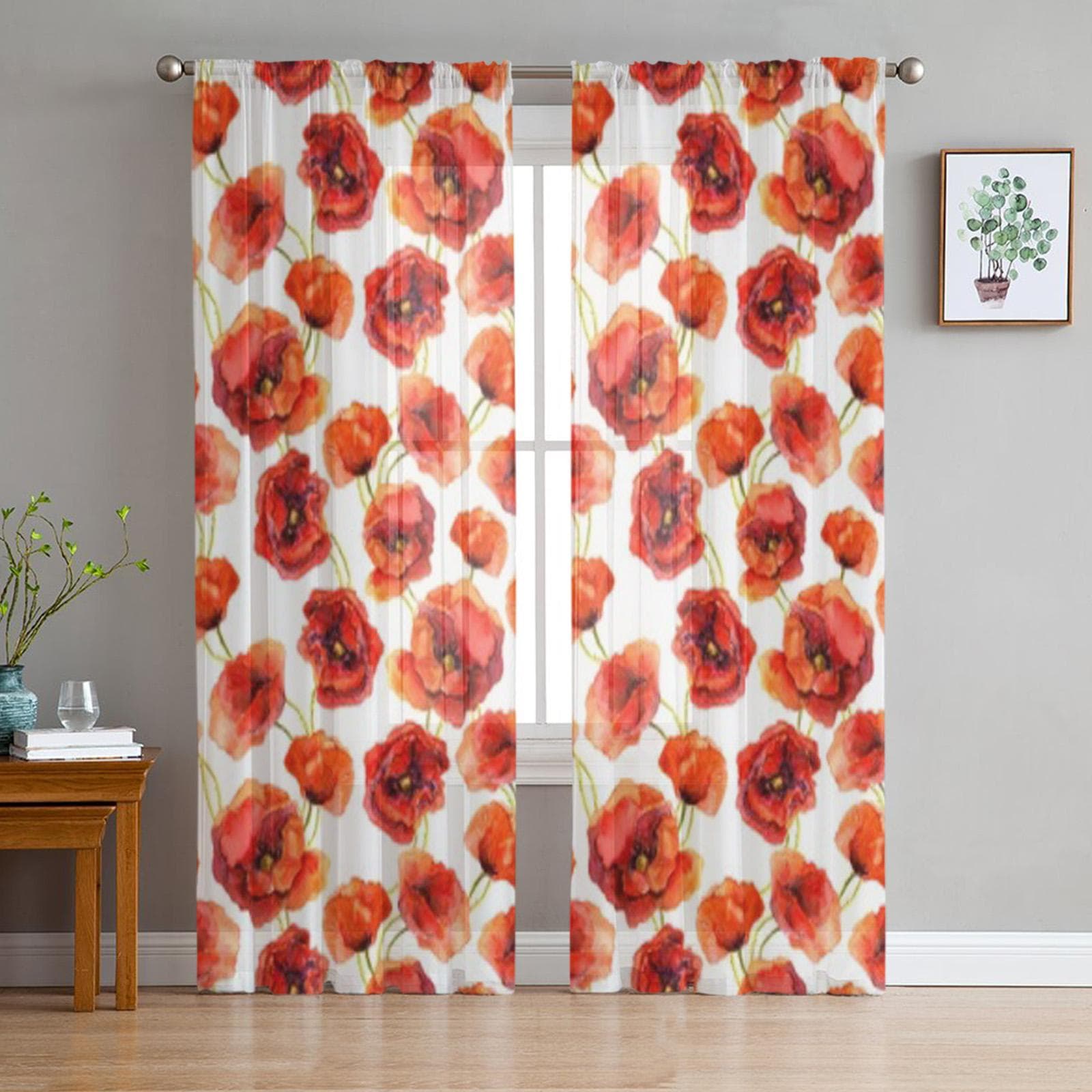 Flower Plant Poppy Tulle Sheer Curtains for Living Room Decoration Curtain for the Room Bedroom Kitchen Voile Organza Curtains 135W x 114H(cm)