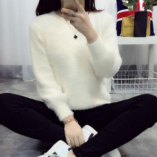 Autumn and Winter Round Neck Short Top Loose Pullover Solid Color Long-haired Sweater Thick Mohair Bottoming Shirt M