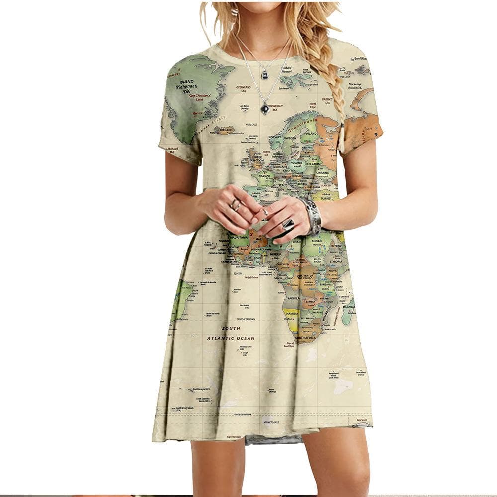 New Clothing For Summer Women World Map Dress Casual O-Neck Short Sleeve Loose Oversize Dress Fashion Ladies 3D Printed Dresses XL