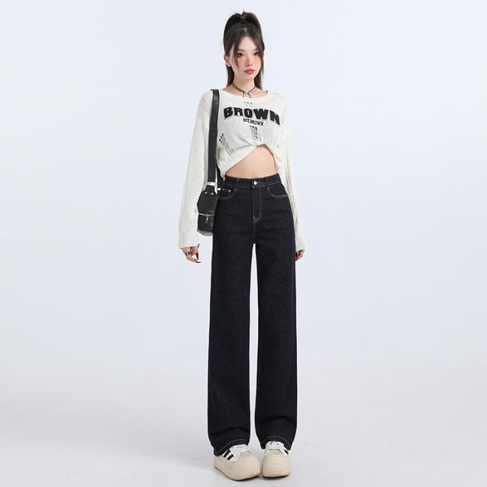 Thickened Velvet-in-the-main Color Denim High-waist Straight-leg Pants Denim Blue Retro Slim Stretch Straight-leg Jeans 2XL