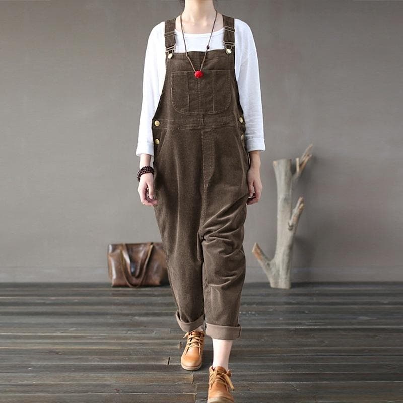 Vintage Women Corduroy Overalls Dungarees Solid Color Bib Pants Sleeveless Loose Jumpsuits Rompers L coffee