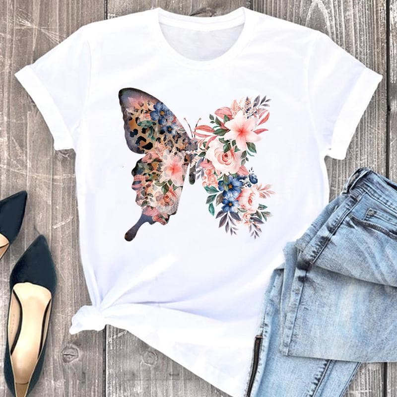 Women's Print Tee Top Summer Fashion Tshirt Love Heart Butterfly Sweet Trend Woman Female T Clothing Short Sleeve Graphic T-shirts L