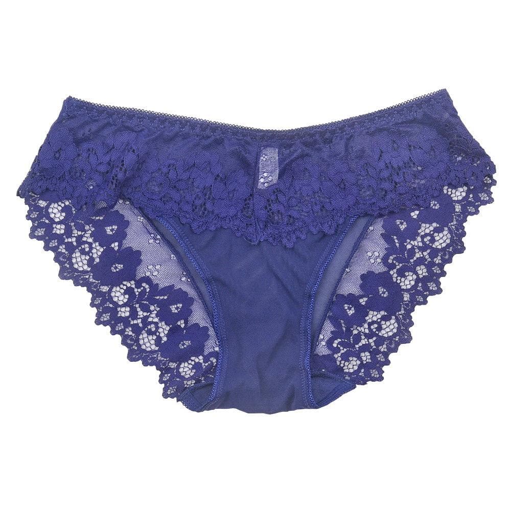 Women Sexy Lace Lingerie Temptation Low-waist Briefs Female G String Transparent Breathable Underwear Floral Women Panties M blue