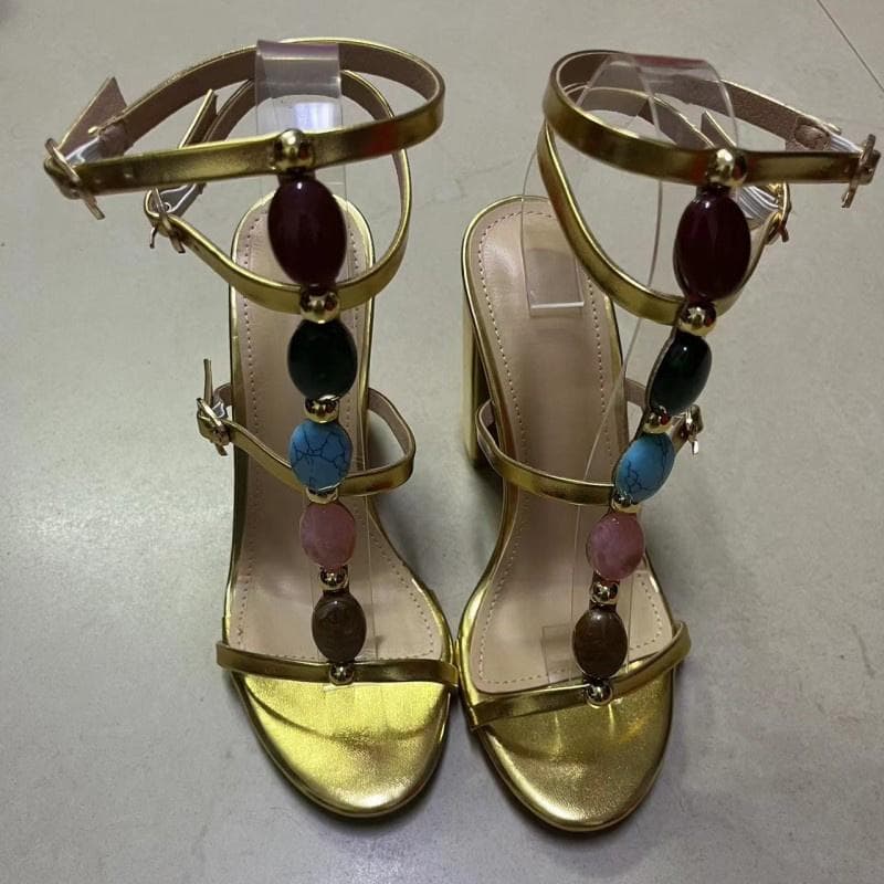 Liyke Summer Fashion More Buckle Strap Gold Sandal Women Gem Rivet Open Toe Square High Heels Party Prom Shoes Female Sandalias 35 golden