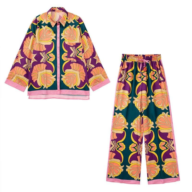 Women's Pajamas Set Satin Print Casual Shirt Trousers Home Wear Sexy Lapel Comfortable Loose Pajamas XL