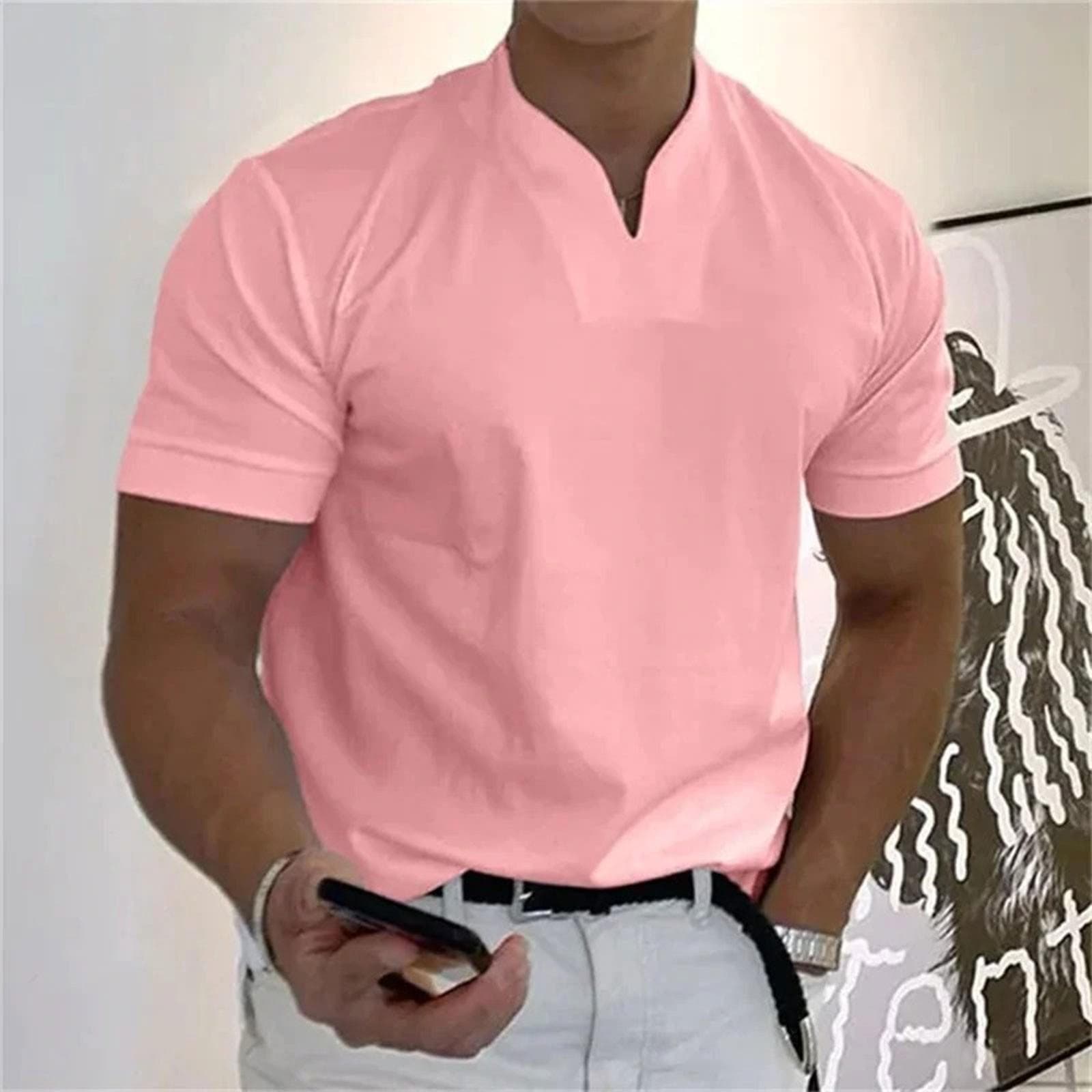 Men's Casual Solid Color V-Neck Gentleman's Business Short Sleeve Fitness T-Shirt XL