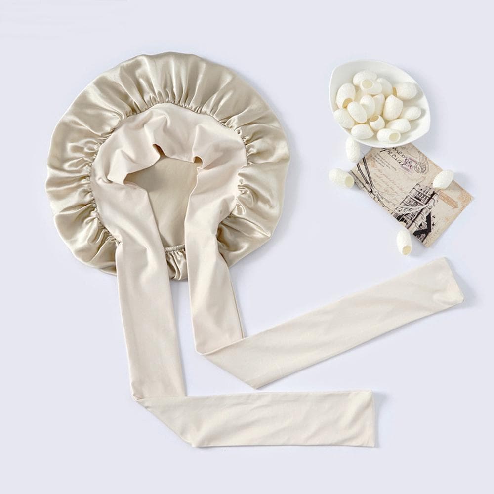 100% Mulberry Silk Sleeping Bonnet for Women Large Sleep Cap with Wide Elastic Tie Band for Curly Dreadlock Braid Hair Care beige