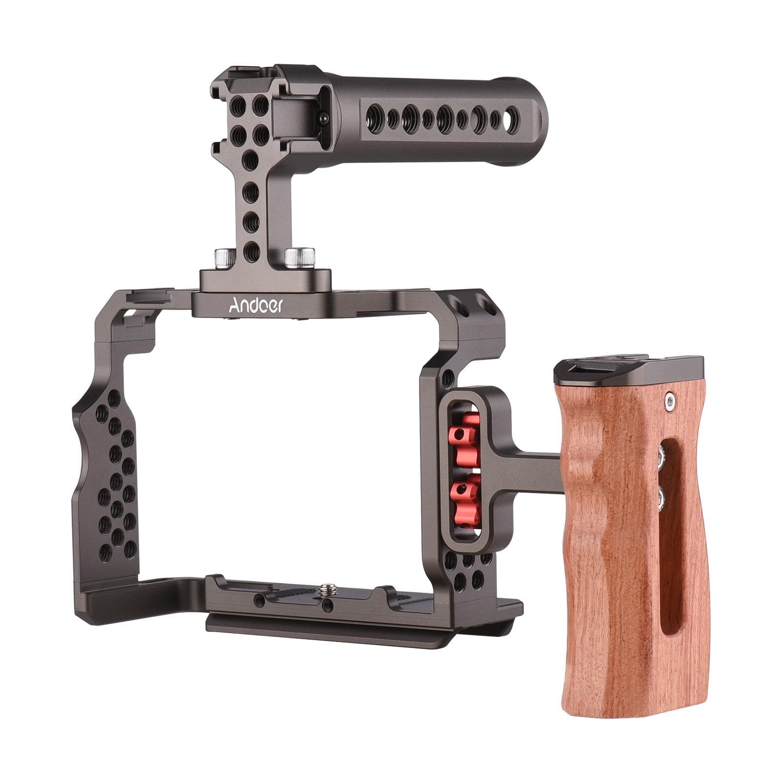 Andoer Aluminum Alloy Camera Cage Kit with Video Rig Top Handle Wooden Grip Replacement for Sony coffee