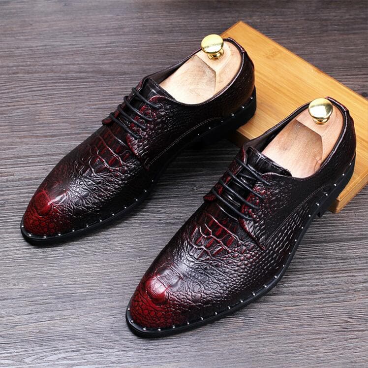 Fashion Men's Crocodile Dress Leather Shoes Lace-Up Wedding Party Shoes Mens Business Office Oxfords Flats Plus Size Men Fashion 11 wine red