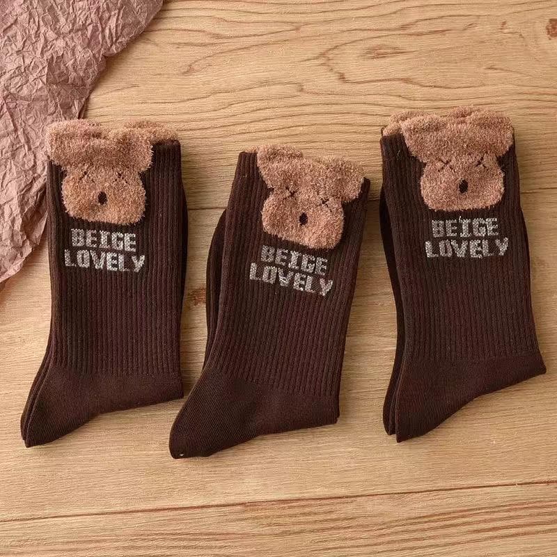 3 Pairs Women's Bear Socks Mid-calf Plush Socks Cute Ins Trendy Autumn and Winter Socks 3 Pairs coffee