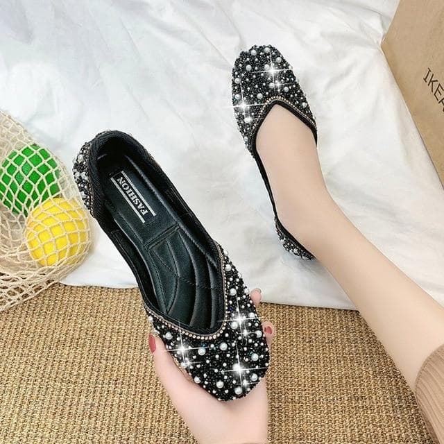 Glitter Crystal Pearl Studs Ballet Shoes Women Square Toe Slip on Loafers Cozy Shallow Cut-out Ballerina Flats Moccasins Female 37 black