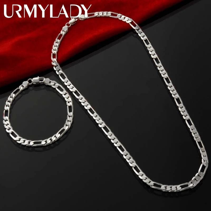 Noble new arrive 925 sterling silver 4MM chain for men Women Bracelet Necklace jewelry set lady Christma gifts charms wedding 55cm and 20cm