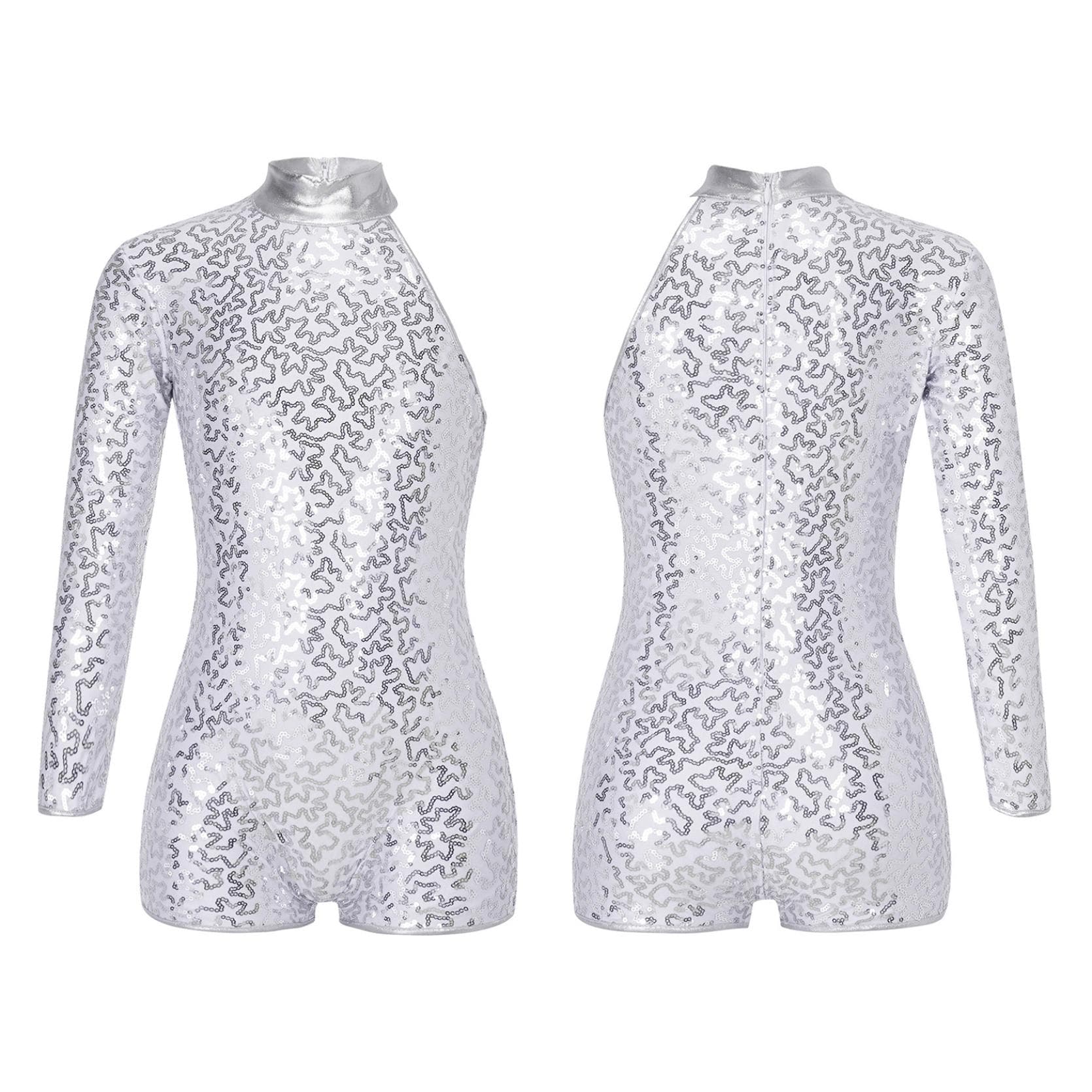 Kids Girls Single Long Sleeve Gymnastics Leotard Sequins Ballet Dance Unitards Short Jumpsuit 11-12 Years silver