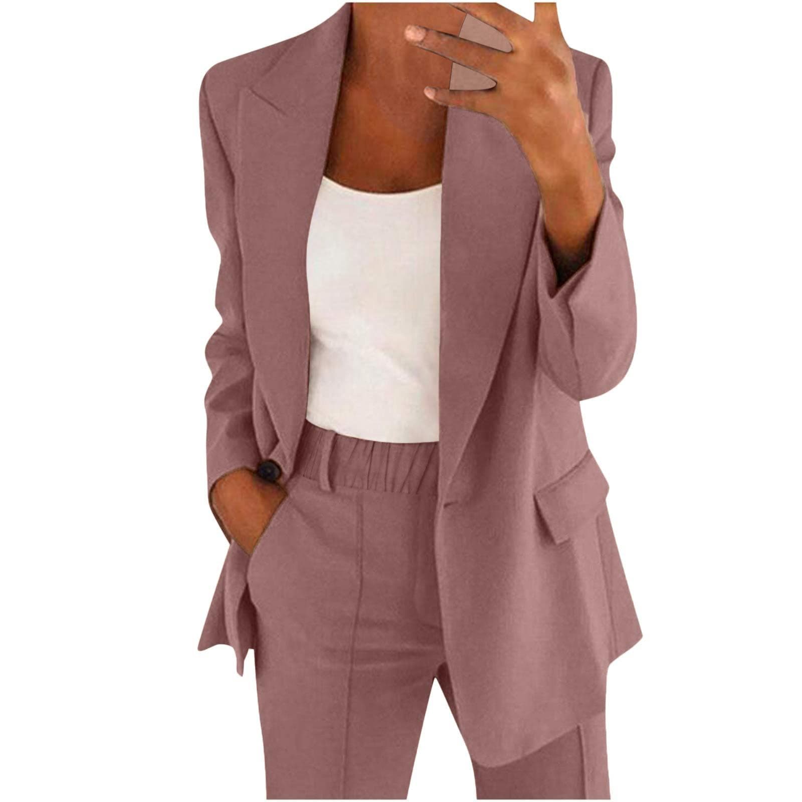 Women's Casual Long Sleeve Solid Color Lapel Cardigan Suit Jacket Pants Suit XXXXL