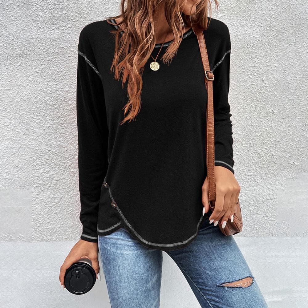 Round Neck Long Sleeve Women T-Shirt Solid Color Loose Casual Tops Button Oversized Cotton Tees Irregular Pullover 5XL black