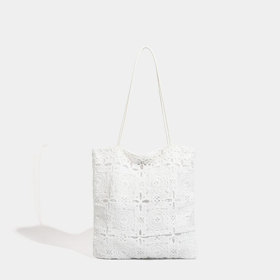 White, Fresh Lace Handbag, Hollowed-out Design, Large-capacity Commuting Tote Bag, Hand-held Underarm Bag, Single-shoulder Bag white