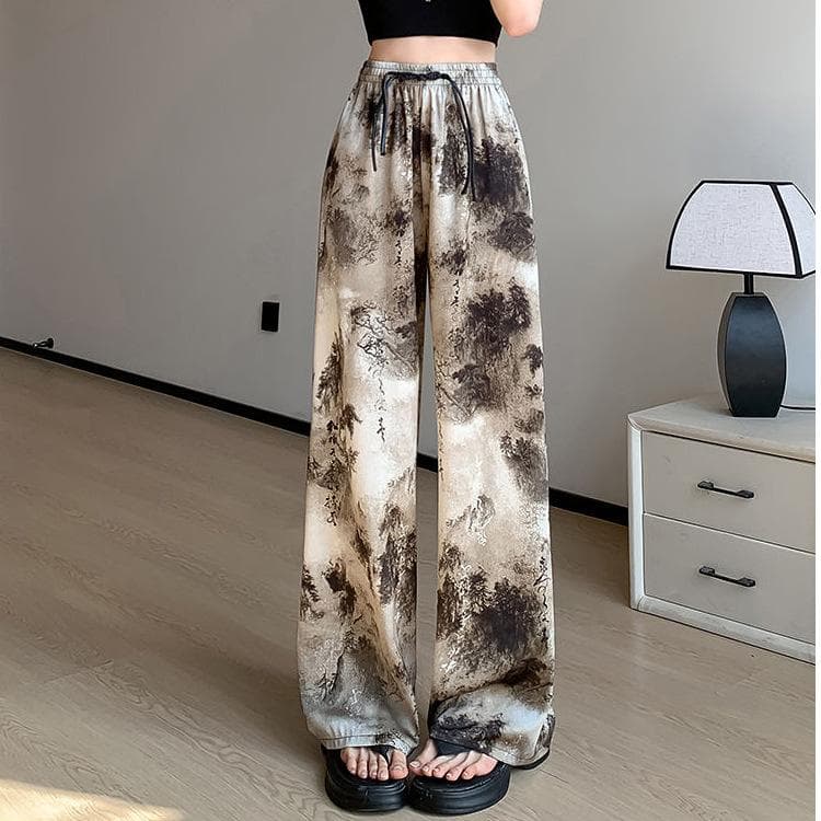 New Chinese Style Pants for Women In Summer High Waist Draping Ink Painting Wide-leg Pants To Make Them Look Slim Straight Pants 2XL