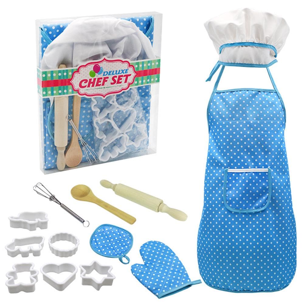 Kids Cooking and Baking Set 13 PCS with Chef Hat Apron Oven Mitt Kitchen Utensils Children Chef blue