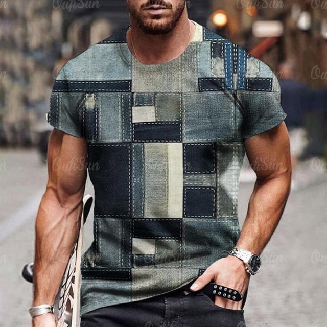 Men's T Shirt 3D Digital Patchwork Graphic Print Short Sleeve T-Shirts Comfy Casual Elastic Crew Neck Men Outdoor Activities Top L