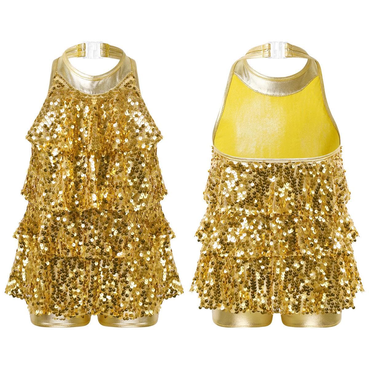 Dancewear for Kids Girls Halter Neck Sequins Jazz Dance Costume Shorty Unitard Dress 11-12 Years gold
