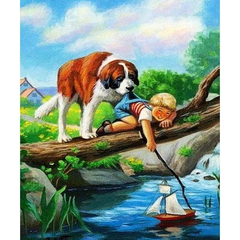DIY 5D Diamond Painting  Little boy and dog  Cross Stitch Diamond Embroidery Pattern 20X30CM