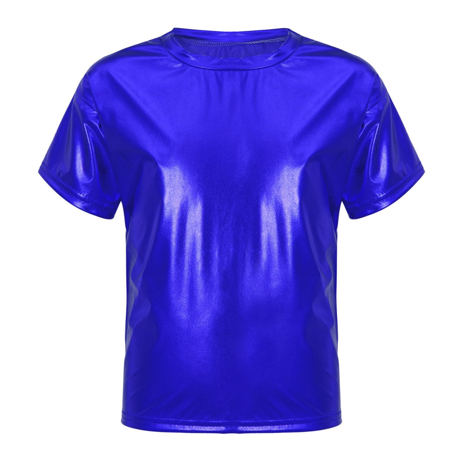 Kids Boys Girls Shiny Metallic Short Sleeve T-Shirts Dance Performance Tops Party Sparkly Outfits 15-16 Years royal blue