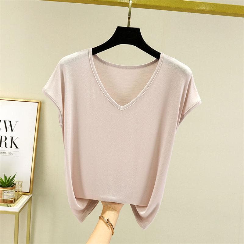 Women Summer Solid V Neck Basic T Shirt Modal Loose Tee Tops Casual Undershirt L beige