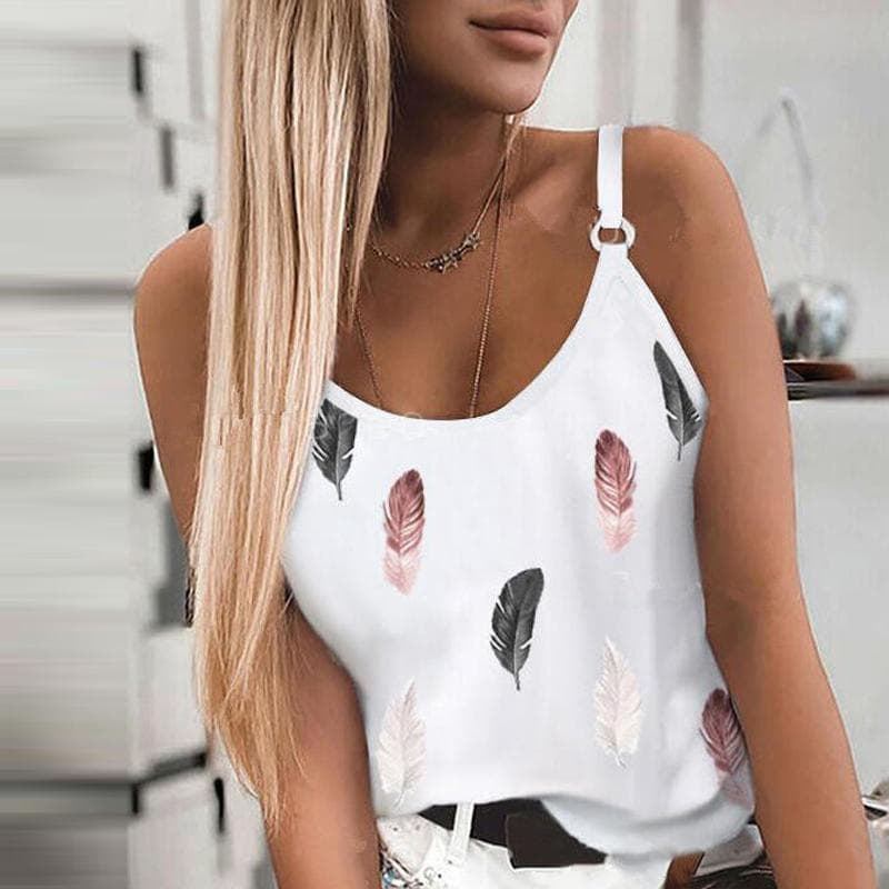 New Women Fashion Summer Casual Feather Print Spaghetti Straps Sleeveless Tank Tops 4XL white